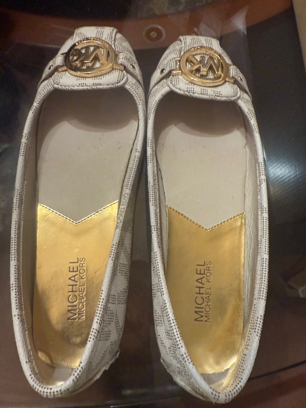 Michael Kors Cream Logo Ballet Flats with Gold Medallion